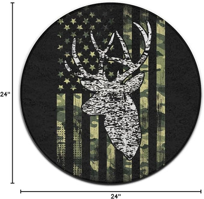 Large Home Decor Mat, Soft Round Yoga Carpet, Non-Slip Machine Washable Kitchen Office Circle Rug Compatible with Deer Camo Camouflage American Flag Hunting Black
