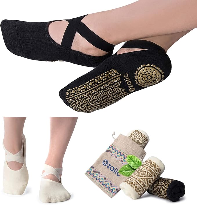 Ozaiic Yoga Socks for Women Non-Slip Grips & Straps, Ideal for Pilates, Pure Barre, Ballet, Dance, Barefoot Workout