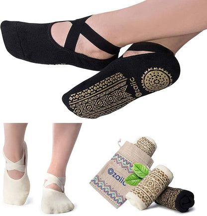 Ozaiic Yoga Socks for Women Non-Slip Grips & Straps, Ideal for Pilates, Pure Barre, Ballet, Dance, Barefoot Workout