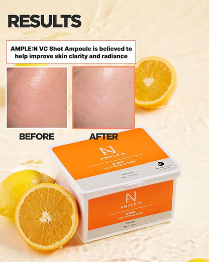 VC Shot Daily Ampoule Mask - Korean Face Sheet Masks with Vitamin C for Radiant Skin Tone Daily Facial Treatment with Niacinamide for Hydration & Complexion Enhancement, 30 Sheets