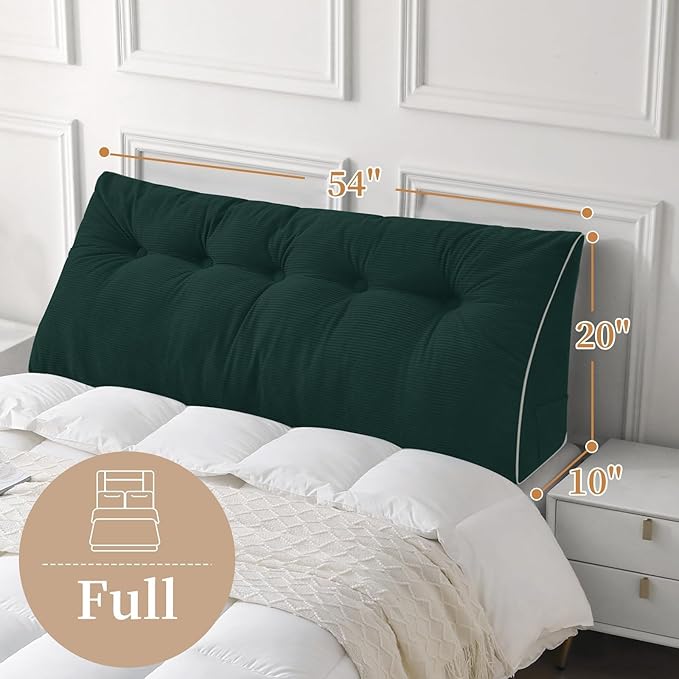 Sasttie Headboard Pillow Full, Wedge Pillow Headboard for Sitting Up in Bed, Back-Rest Support Triangular Cushion for Reading - Features Removable Washable Cover, Green