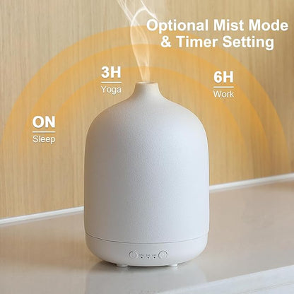 Ceramic Essential Oil Diffusers for Home, Decorative Bedroom Aromatherapy Scent Air Diffuser Ultrasonic Aroma Defusers 250ml with Timed-White