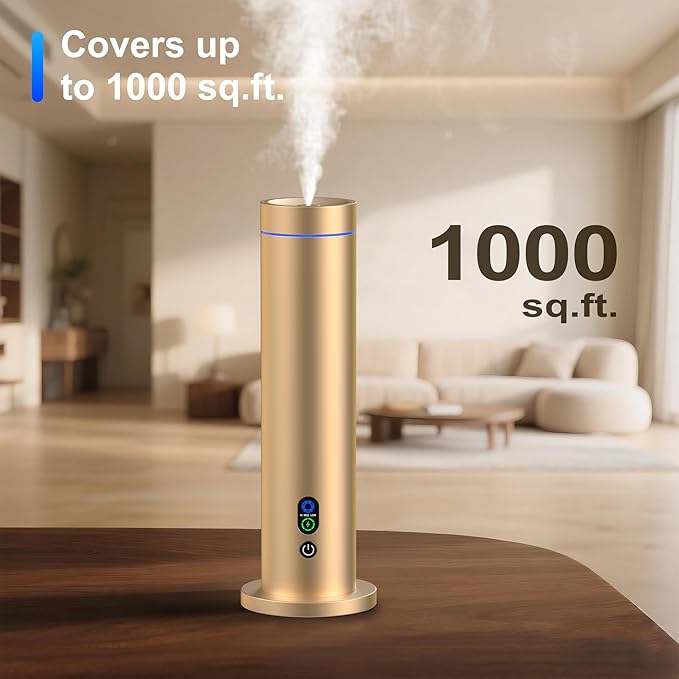Waterless Diffuser, 1000 Sq.Ft Coverage, Essential Oil Diffuser with Tilt-Safe, Remote Control, Adjustable Mist Mode, Mood Lights Aromatherapy Diffuser for Home, Large Room, Office, Hotel, Gold