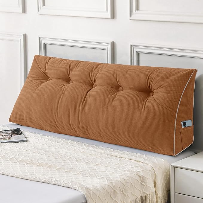 Sasttie Headboard Pillow Queen, Wedge Pillow Headboard for Sitting Up in Bed, Back-Rest Support Triangular Cushion for Reading - Features Removable Washable Cover, Caramel