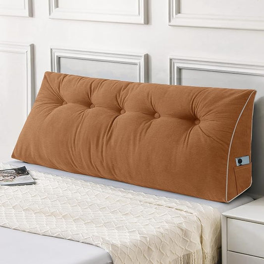 Sasttie Headboard Pillow Full, Wedge Pillow Headboard for Sitting Up in Bed, Back-Rest Support Triangular Cushion for Reading - Features Removable Washable Cover, Caramel