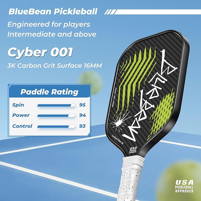 Pickleball Paddles,USAPA,Carbon Fiber Pickleball Paddle with 16MM Polymer Honeycomb Core Provides Lighter Weight&Higher Grit&Spin,Engineered for Professional Players,BlueBean