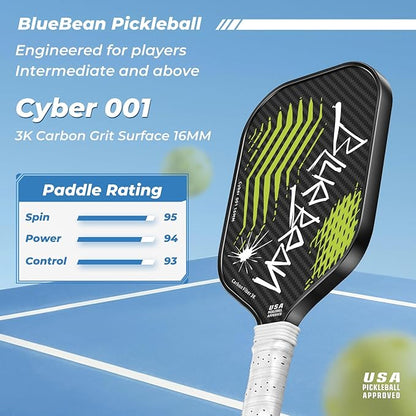 Pickleball Paddles,USAPA,Carbon Fiber Pickleball Paddle with 16MM Polymer Honeycomb Core Provides Lighter Weight&Higher Grit&Spin,Engineered for Professional Players,BlueBean