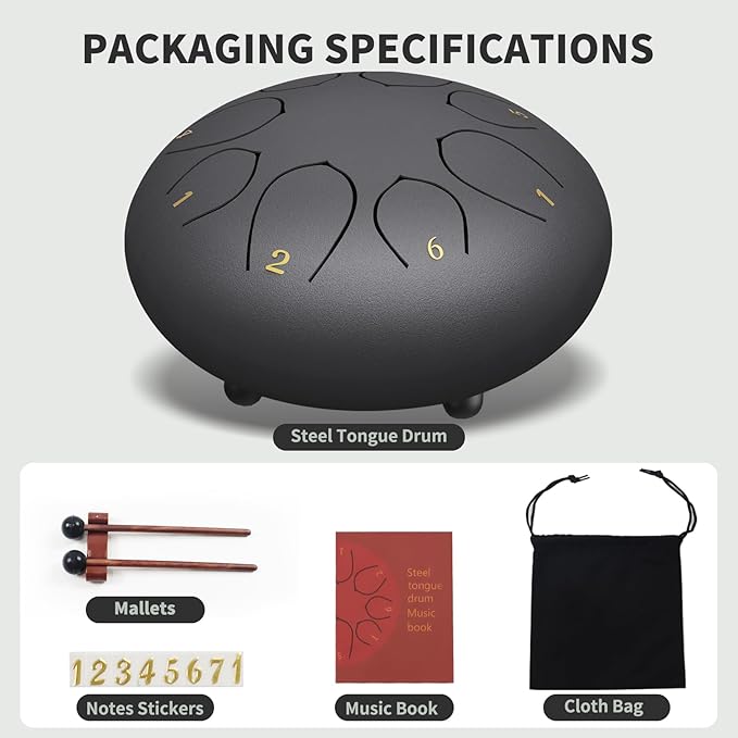 Rain Drum for Outside Garden, 6 Inches 8 Notes Steel Tongue Chakra Drums, Waterproof Echo Rain Chime Meditation Drums, Musical Instruments for Adult Gift with Bag, Music Book, Drum Mallets (Black)