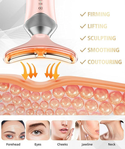 9-in-1 Red-Light-Therapy-for-Face-and-Neck, Portable Facial Massager Tool with Adjustable Vibration & Thermals for Wrinkles, Double Chin, Pink