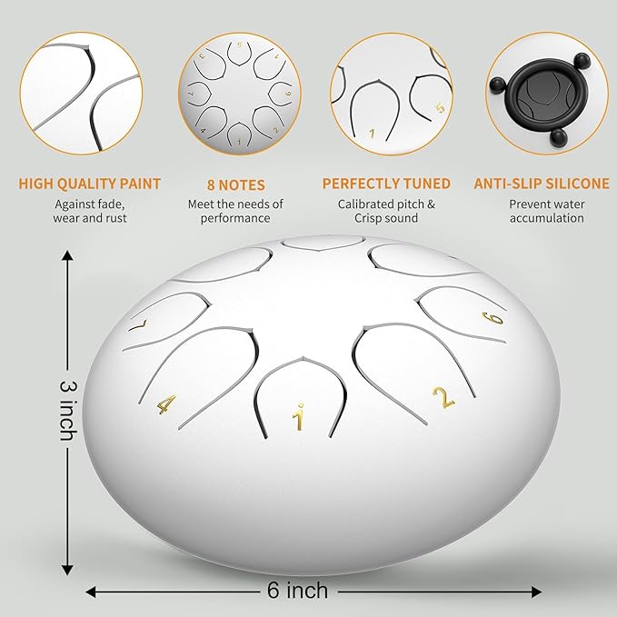 Rain Drum for Outside Garden, 6 Inches 8 Notes Steel Tongue Drums, Waterproof Meditation Echo Rain Chime, Musical Instruments for Adult Gift with Bag, Music Book, Mallets (White)