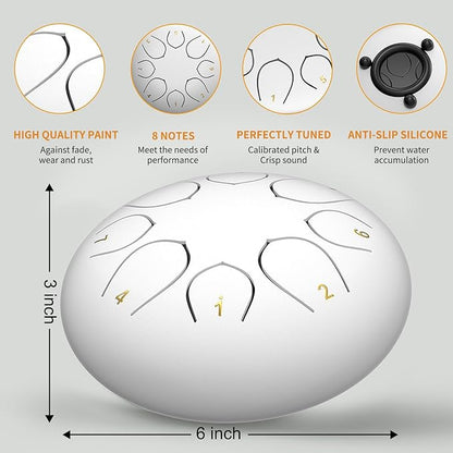 Rain Drum for Outside Garden, 6 Inches 8 Notes Steel Tongue Drums, Waterproof Meditation Echo Rain Chime, Musical Instruments for Adult Gift with Bag, Music Book, Mallets (White)