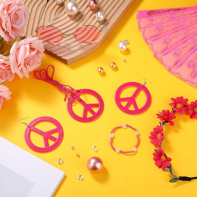 Batiyeer 6 Pcs Hippie Costume Accessories Set, Boho Peace Sign Daisy Flower 60s 70s Party Favors Decor for Groovy Party Women