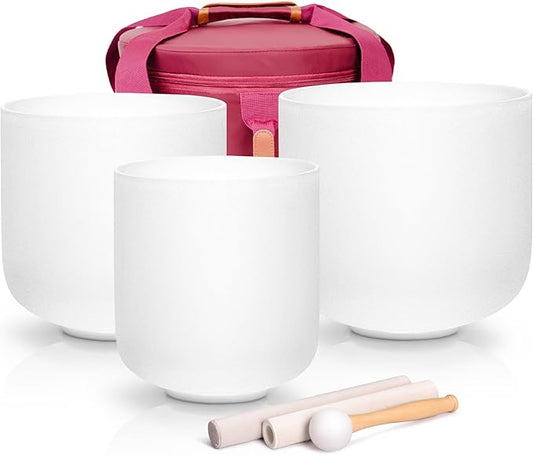 Alioth (6"F+7"A+8"C) Set of 3 Crystal Singing Bowls with Sturdy Carrying Case and Singing Bowl Mallets