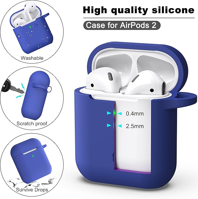 R-fun Compatible with AirPods Case Cover, Soft Silicone Protective Cover with Keychain for Women Men Compatible with Apple AirPods 2nd 1st Generation Charging Case, Front LED Visible,Blue