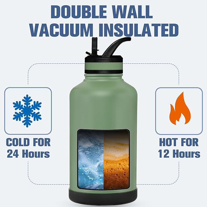 OLDLEY 64 oz Insulated Water Bottle With Straw, Stainless Steel Sports Water Cup Flask with 3 Lids(Straw, Spout and Handle Lid) Double Walled Travel Thermal Canteen Mug,Army Green