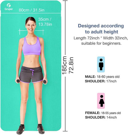 Yoga Mat Non Slip NBR Thick Yoga Mat, 72"L x 32"/24"W x 0.6"/0.4"TH (185cm x 80cm/61cm x 15mm/10mm), Anti-Tear Exercise Mat with Carrying Strap and Bag, Workout Mats for Yoga, Pilates, Floor Exercises