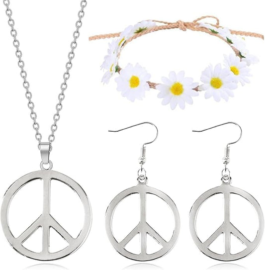 choice of all Peace Sign Necklace Earrings Sunflower Headband Set for Women 60s 70s Outfits Hip Hop Hippie Jewelry Halloween Costume Accessories
