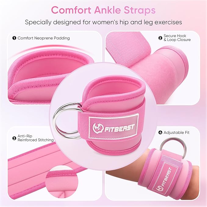 FitBeast Ankle Straps for Cable Machines Women, Glute Kickback Ankle Strap Set with Gym Handles for Cables & Ankle Cable Straps for Workout - Gym Attachments for Cable Machine