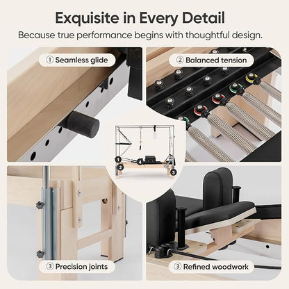 Pilates Reformer with Half Trapeze – Maple Wood Frame, Adjustable Resistance & Half Trapeze for Home Gym, Core Strength, Flexibility & Full-Body Workouts, Mocha