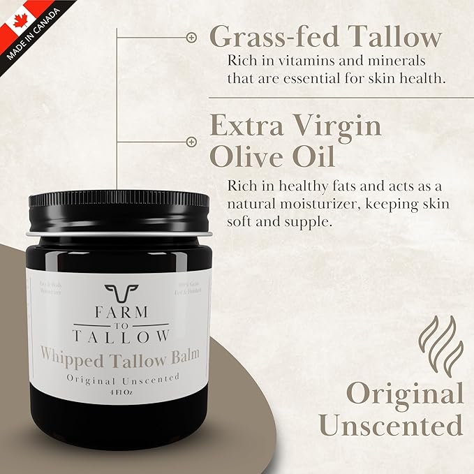 FARM TO TALLOW 100% Grass-Fed Beef Tallow for Skin, Face & Body – Unscented Moisturizer Made with Olive Oil – Gentle & Hydrating Natural Skincare Cream for Dry, Sensitive Skin – 4 Oz