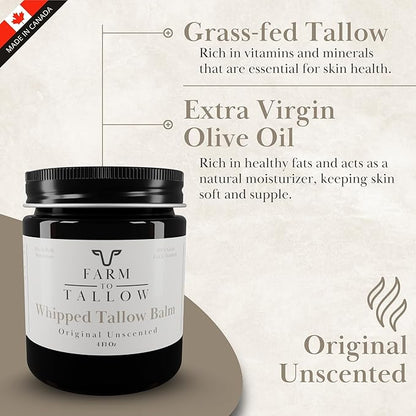 FARM TO TALLOW 100% Grass-Fed Beef Tallow for Skin, Face & Body – Unscented Moisturizer Made with Olive Oil – Gentle & Hydrating Natural Skincare Cream for Dry, Sensitive Skin – 4 Oz