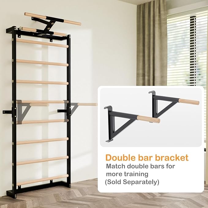 Swedish Ladder, Wood Stall Bars Suspension Trainer with Pull-Up Bar & Rings for Straps, Swedish ladders Wall Gym Adult, Wall-Mounted Workout Ladder for Home, Gym, School