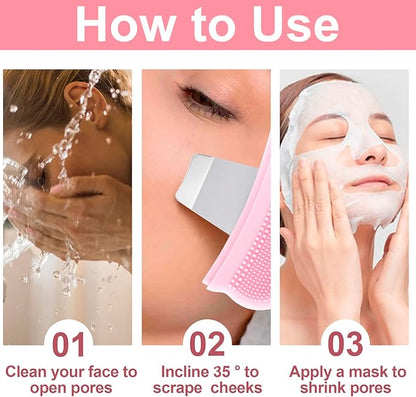 Manual Face Spatula, Metal Facial Scraper with Silicone Lid for Men & Women, 2-in-1 Reusable Face Scrubber with Silicone Bristles for Dry Oily Skin- Pink