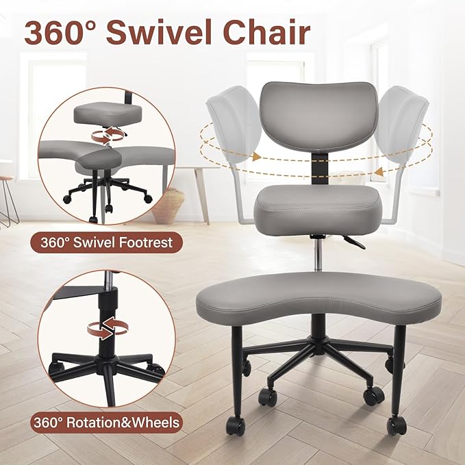 Meditation Chair, Cross Legged ADHD Office Chair for Adults with Wheels Ergonomic Back Support and Leg Rest for Multi Position Criss Cross Sitting Kneeling and Yoga Height Adjustable, Leather Style