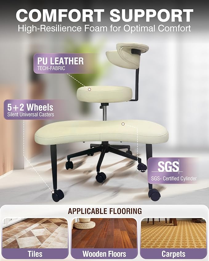 PYY Cross Legged Office Chair - with Wrap-Around Armrest, 300lbs Load Capacity Meditation Chair with Wheels for Adults, Adjustable Height Yoga Chair, Ergonomic Chair for Home and Office