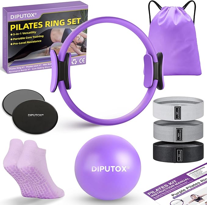 Pilates Ring Set – Pilates Kit for Home Workouts with Ball, Resistance Bands, Sliding Discs & Grip Socks, Portable Pilates Essentials Accessories for Women Beginners, 9 in 1 Pilates Equipment