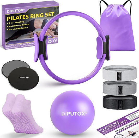 Pilates Ring Set – Pilates Kit for Home Workouts with Ball, Resistance Bands, Sliding Discs & Grip Socks, Portable Pilates Essentials Accessories for Women Beginners, 9 in 1 Pilates Equipment