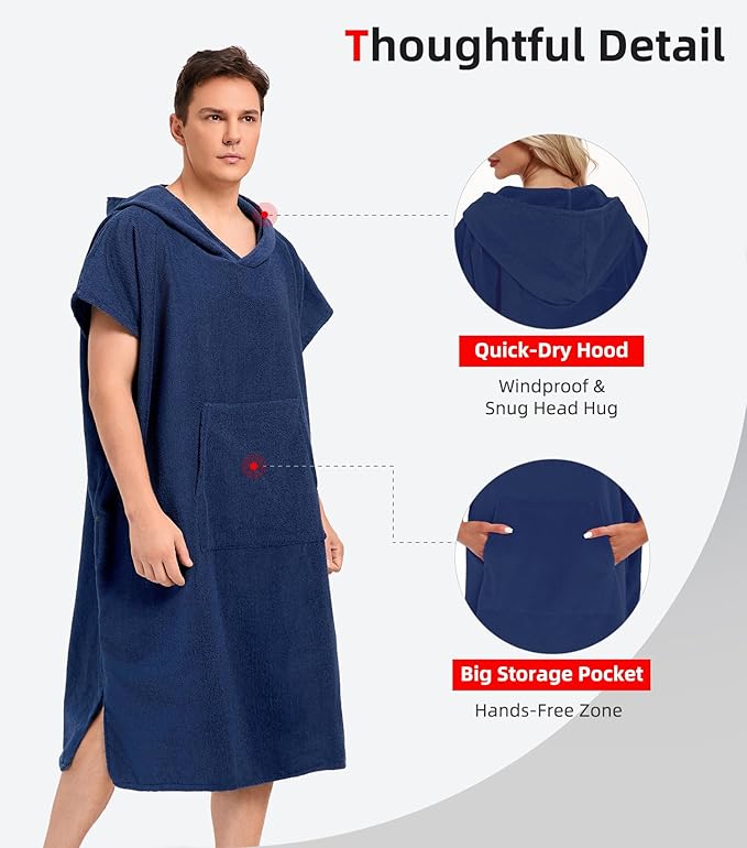 Abahub Surf Poncho Men & Women Towel Poncho Adult with Hood, Thick Quick Dry Changing Poncho Towel, Microfiber Wearable Cover Up for Surfing Beach Swim - Absorbent Changing Towel L (Navy Blue)