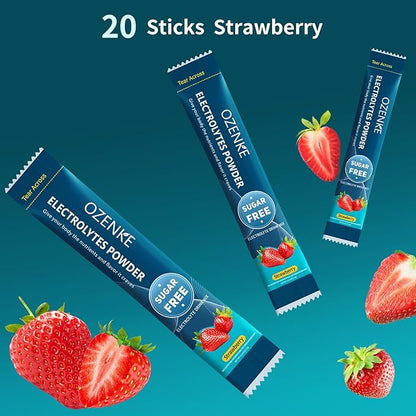 Electrolytes Powder Packets, Hydration Packets, Electrolytes Sugar Free, Portable Electrolyte Drink Mix for Rapid Hydration, No Sugar & Low Sodium | 0 Calorie | Strawberry Flavor | 20 Sticks