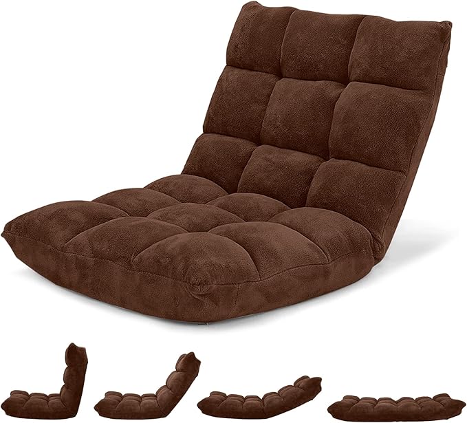 Giantex Folding Sofa Chair with 14 Adjustable Positions, Padded Sleeper Bed, Couch Recliner, Gaming Floor Chair for Adults (Brown)