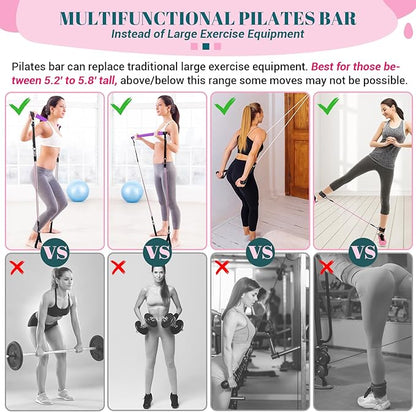 Pilates Bar Kit with Resistance Bands, Multifunctional Yoga Pilates Bar with Heavy-Duty Metal Adjustment Buckle, Portable Home Gym Pilates Resistance Bar Kit for Women Full Body Workouts