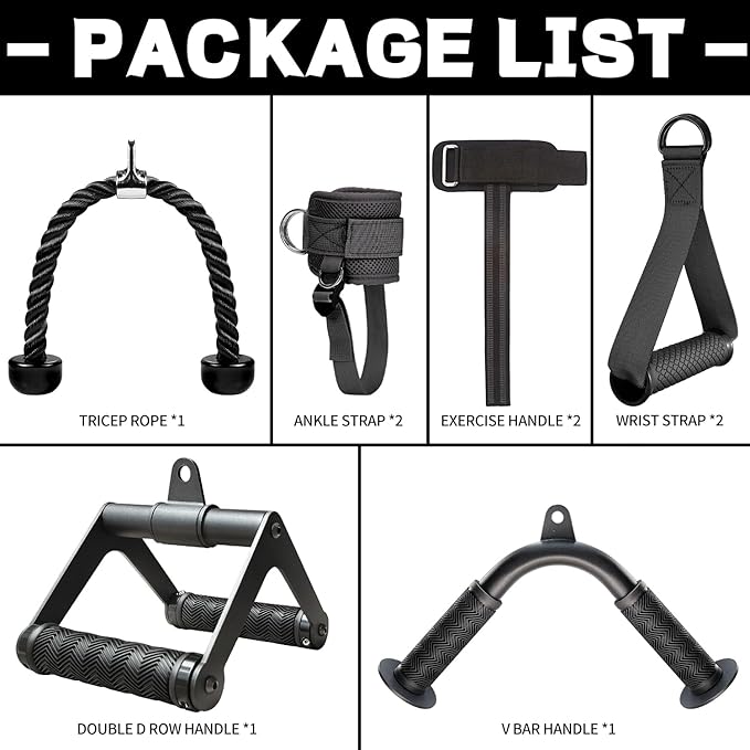 Cable Machine Attachment Set with Tricep Rope, V Bar, Double D Handle Row, Ankle & Wrist Straps, LAT Pulldown Attachments Cable Attachments for Home Gym