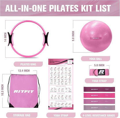 RitFit Pilates Kit - 14 Inch Pilates Ring Magic Circle with Pilates Ball, Resistance Bands & Yoga Strap, Pilates Equipment for Home Workout Toning Thighs, Arms and Core (Black/Pink)