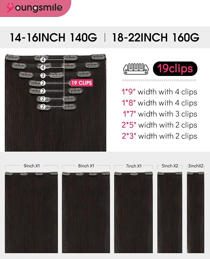 Youngsmile Human Hair Extensions Clip in Color 2 Dark Brown, Double Weft Full Head Thick End,Soft Silk Straight Remy Clip in Hair Extensions 22 Inch 160g 7 pieces (7C#2-22Inch)