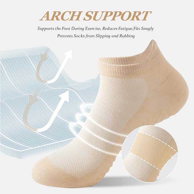 4 Pairs Grip Socks for Yoga, Non Slip Sticky Socks with Pull Tab and Mesh, For Barre and Daily Training Use