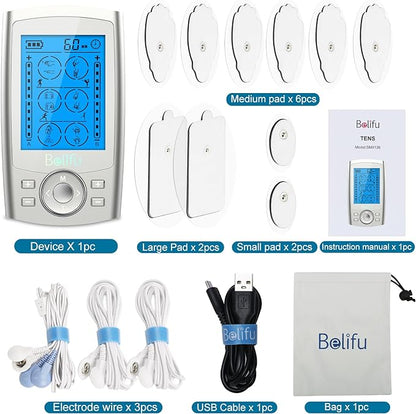 Belifu Dual Channel TENS EMS Unit 24 Modes Muscle Stimulator for Pain Relief Therapy, Electronic Pulse Massager Muscle Massager with 10 Pads, Dust-Proof Drawstring Storage Bag, Fastening Cable Ties