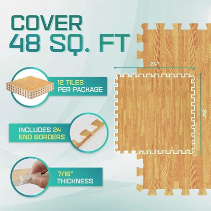 Yes4All 48SQ.FT Wood Grain Puzzle Exercise Mat Protective Flooring, EVA Interlocking Foam Floor Tiles with Border for Home
