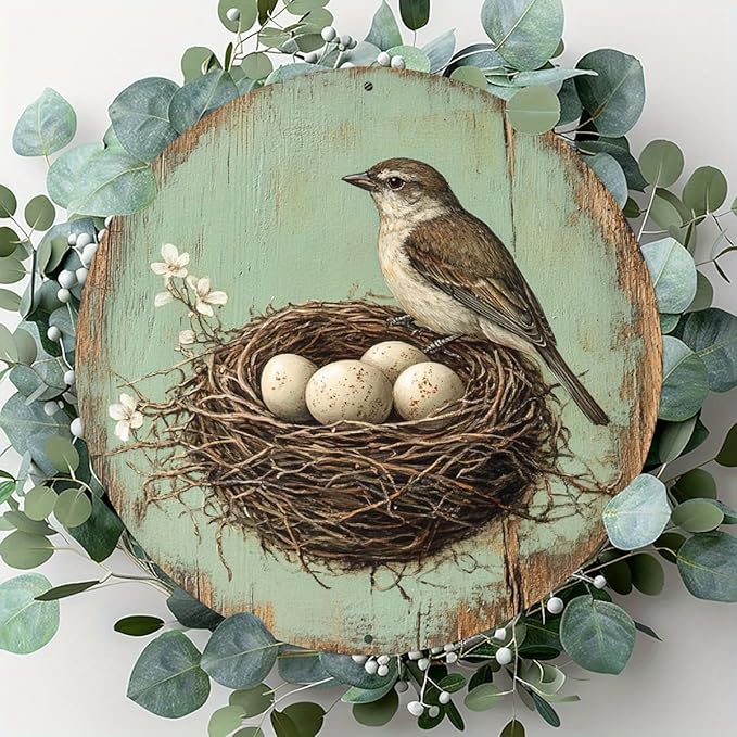 1pc Vintage Bird and Egg in Nest Round Aluminum Sign, 8x8 Inch Farmhouse Wall Decor with Pre-Drilled Holes, Durable Garden Yard Art for Home,Halloween & Christmas Gifts, Outside Decor