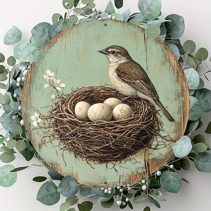 1pc Vintage Bird and Egg in Nest Round Aluminum Sign, 8x8 Inch Farmhouse Wall Decor with Pre-Drilled Holes, Durable Garden Yard Art for Home,Halloween & Christmas Gifts, Outside Decor