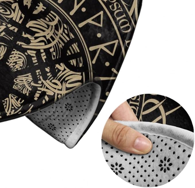 Soft Round Yoga Carpet, Large Home Decor Mat, Non-Slip Machine Washable Kitchen Office Circle Rug Compatible with Cool Norse Viking Vegvisir Runic Compass