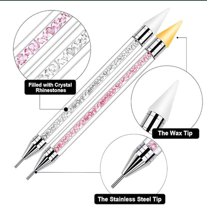 Rhinestone Picker Tool, Dual-ended Rhinestones Applicator Nail Art Design Tool, 2 Pack Acrylic Handle Nail Pen with 4 Extra Wax Tips and1 Tweezer