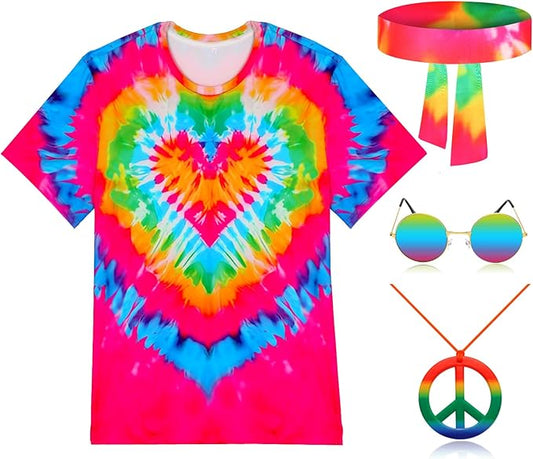 Hippie Costume for Men Women 4PCS Mens 60s 70s Outfit Set Colorful Hippie Shirt Sunglasses Headband Peace Necklace