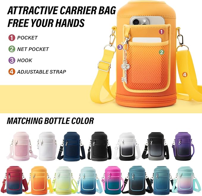 Insulated Water Bottle | Thickened Stainless Steel Vacuum Metal | Portable Sports Half Gallon Large Water Jug for Gym and Hiking with Straw, Carrier Bag, Handle Strap | BPA-Free 64 oz