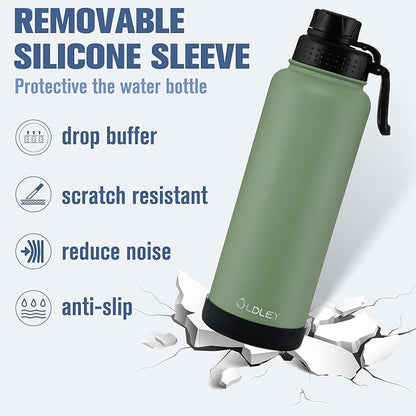 OLDLEY 40 oz Insulated Water Bottle With Straw, Stainless Steel Sports Water Cup Flask with 3 Lids(Straw, Spout and Handle Lid) Double Walled Travel Thermal Canteen Mug,Army Green