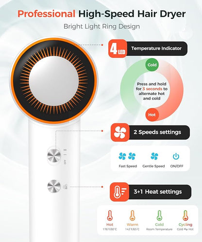 Hair Dryer, 150000 RPM High-Speed Blow Dryer with 500Million Negative Ions for Fast Drying, Lightweight & Thermo-Control, Hair Dryer with Diffuser and Nozzle, Ideal for Salon & Travel, White