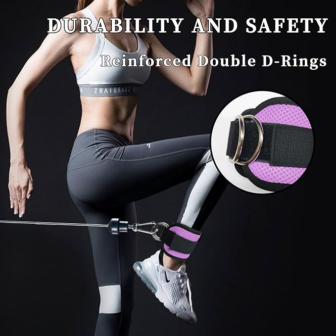 Fitness Ankle Straps for Cable Machines, 2 Pack Comfortable Adjustable Padded Ankle Wrist Cuffs, Kickback Glute Workouts for Men Women, D-Ring Leg Straps with Neoprene Padding